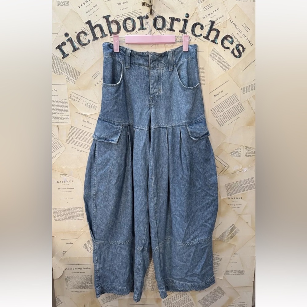 Free People Soleil Balloon Jeans We The Free Pleated Dirt Road Blue - Picture 5 of 6